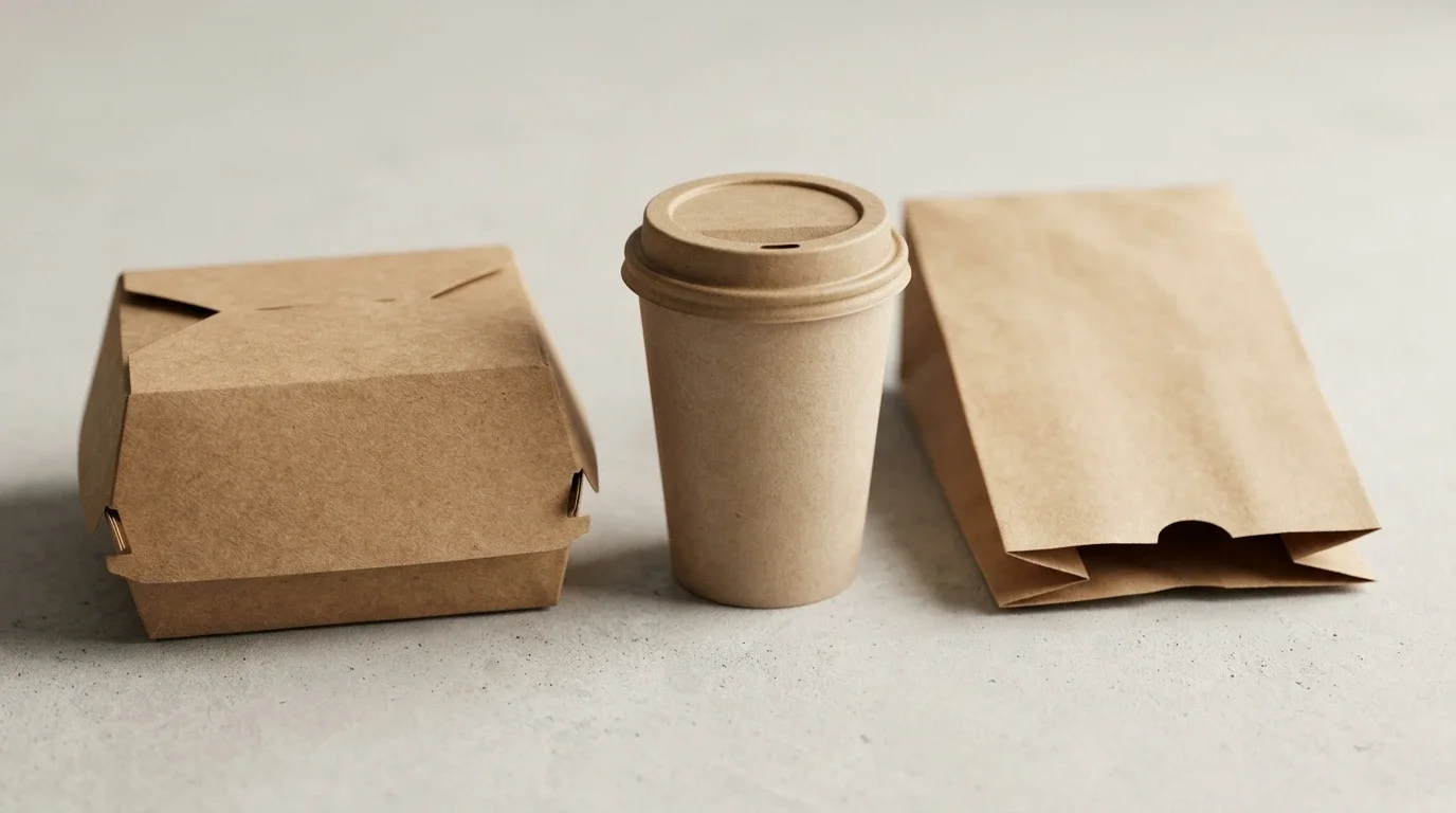 Recyclable, compostable and biodegradable paper food packaging compared on a neutral background