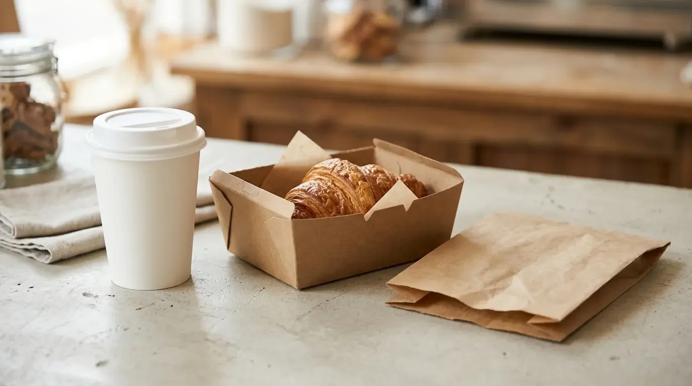 Emballages papier aptes au contact alimentaire pour la restauration — gobelet, boîte kraft et sac papier sur fond neutre