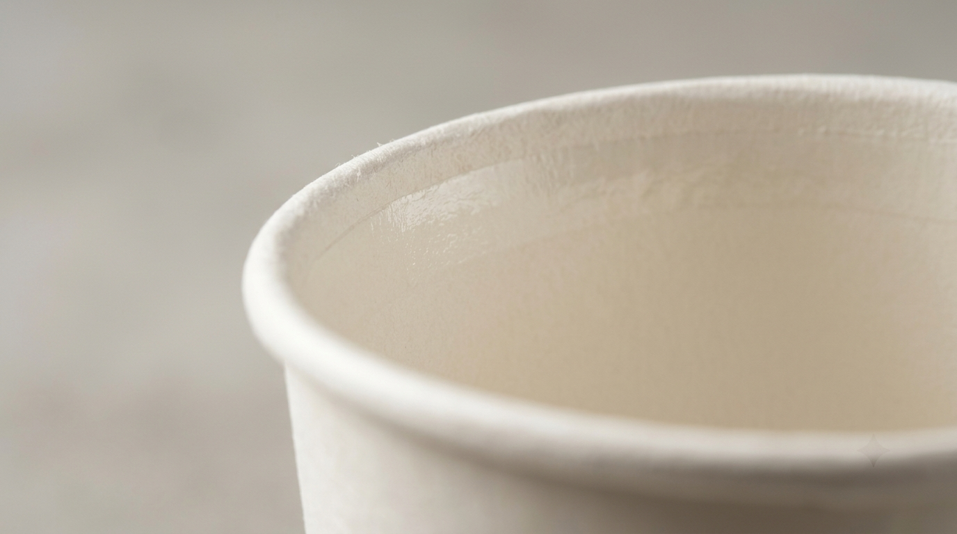 Food-grade paper packaging for food service — a coffee cup, kraft food box and paper bag on a neutral background