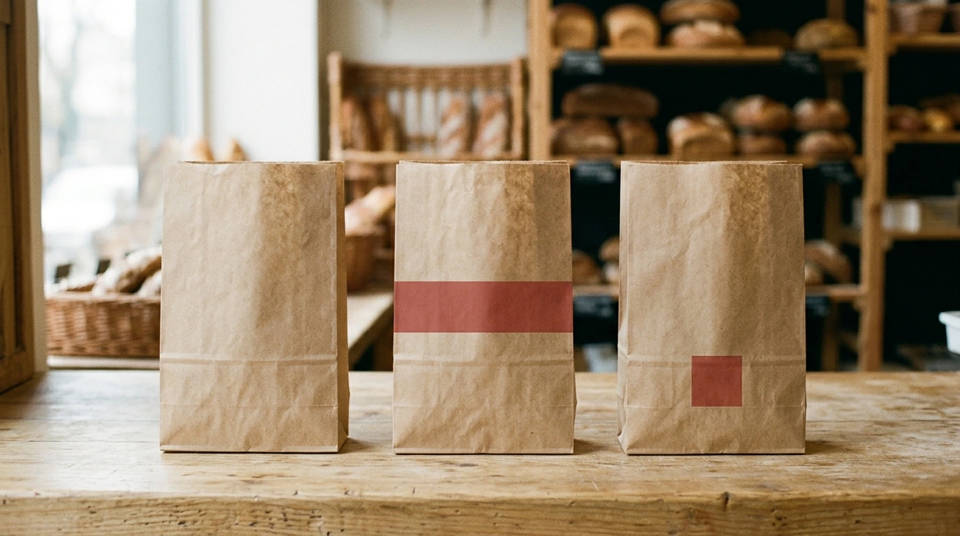 Three identical natural kraft bakery bags side by side on a bakery counter: unprinted, with a wide single-colour printed panel, and with a small single-colour panel