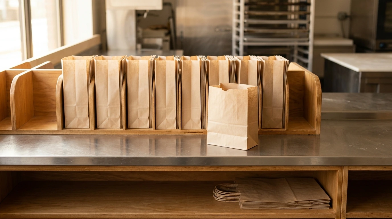 Plain paper bags and a block bottom bag stacked within reach in slots behind a bakery counter