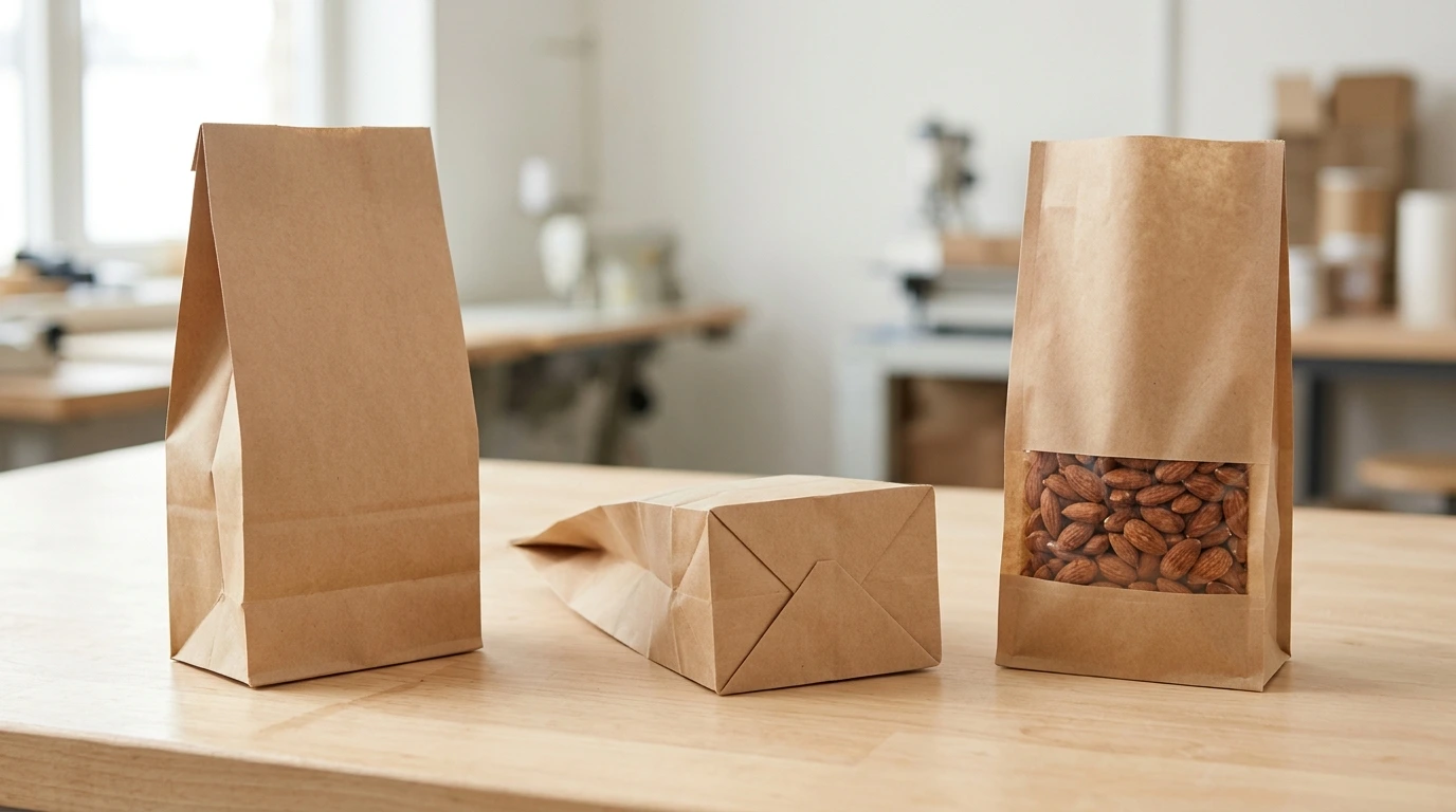 Three unprinted paper bags side by side on a workbench: a block bottom bag standing empty, a cross bottom bag lying flat and a filled cross bottom bag standing