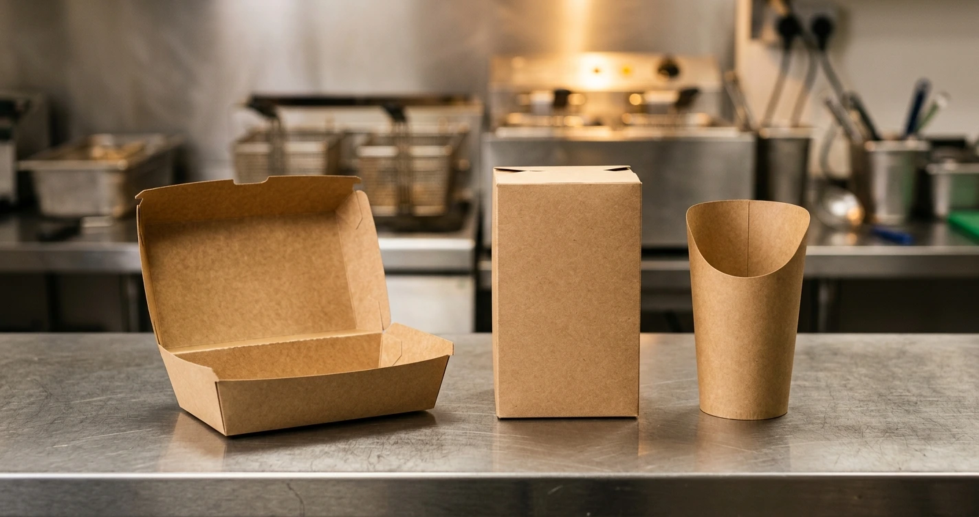 Baskısız kraft kaplar: kapağı açık sığ kutu, dik duran uzun kutu ve üstü açık atıştırmalık kabı fast food tezgâhında yan yana