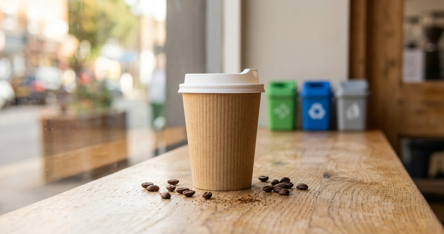 Gobelet en carton kraft sur un comptoir de café, bacs de tri colorés flous à l'arrière-plan