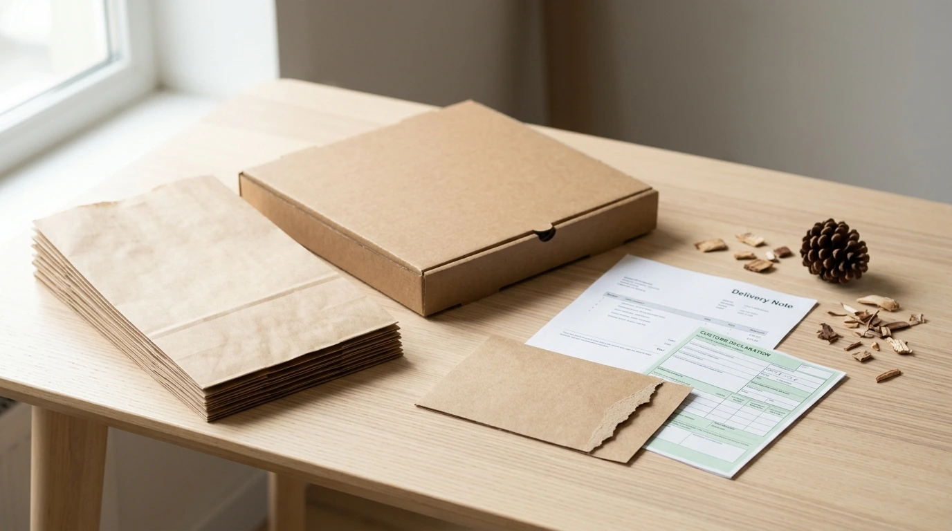 A stack of plain natural kraft bakery bags and a corrugated pizza box next to a delivery note, a customs form and wood chips on a desk