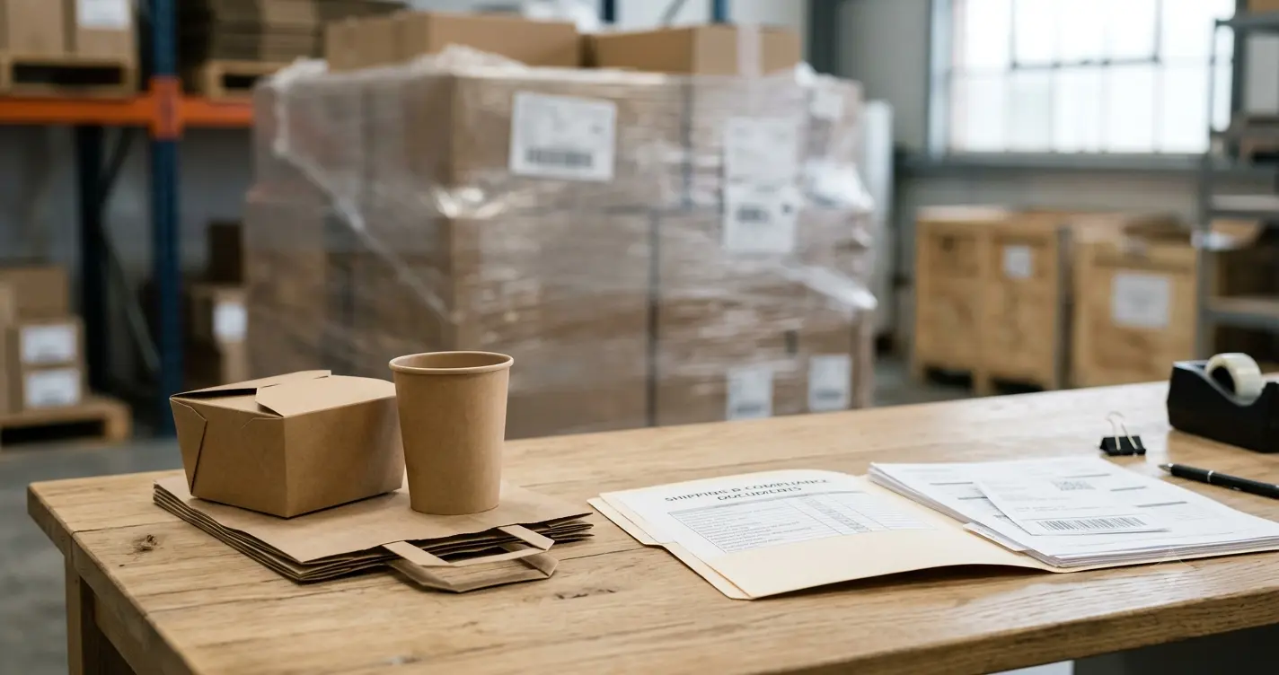 Stack of printed takeaway packaging samples beside shipping documents on a warehouse desk