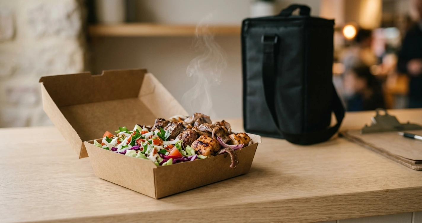Tezgâhta dolu karton döner kutusu, yanında kurye çantası — yağ geçirmezlik ve istif dayanımı testi