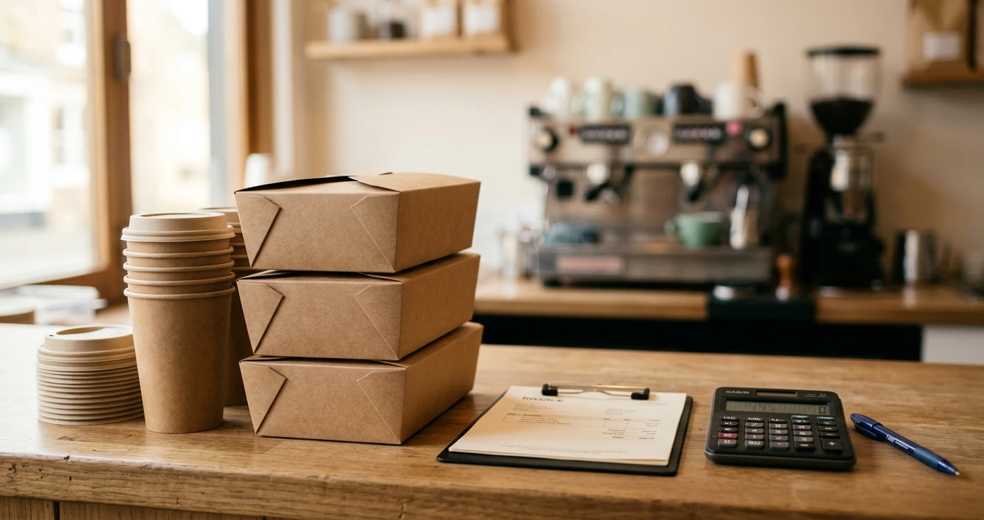 Boîtes et gobelets à emporter empilés près d'une facture et d'une calculatrice sur un comptoir