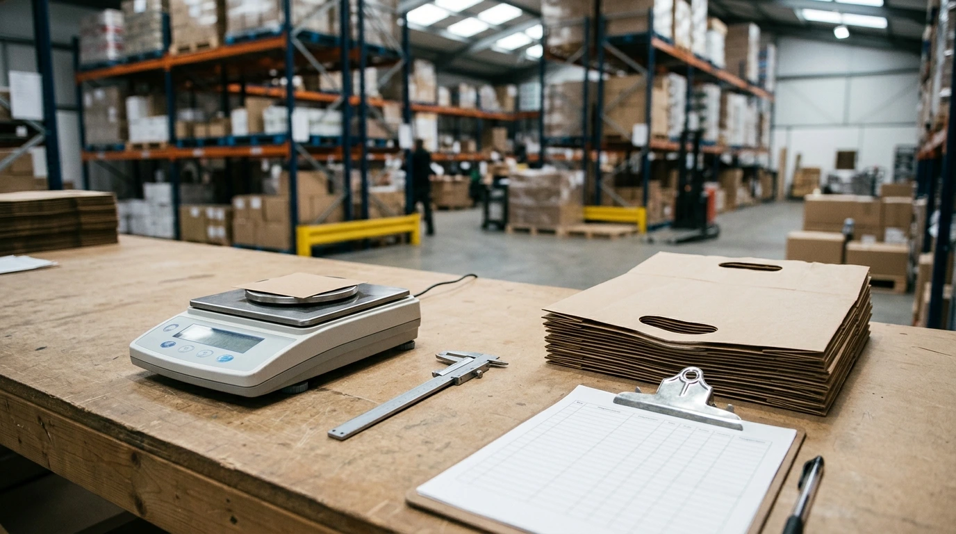 Goods-in area with a precision balance holding a die-cut paper sample, a vernier calliper beside it and a stack of unprinted kraft carrier bags