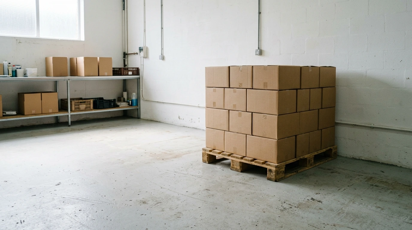 A part-height pallet of unprinted cartons in a bright store room, with clear floor space beside it and a shelf against the wall