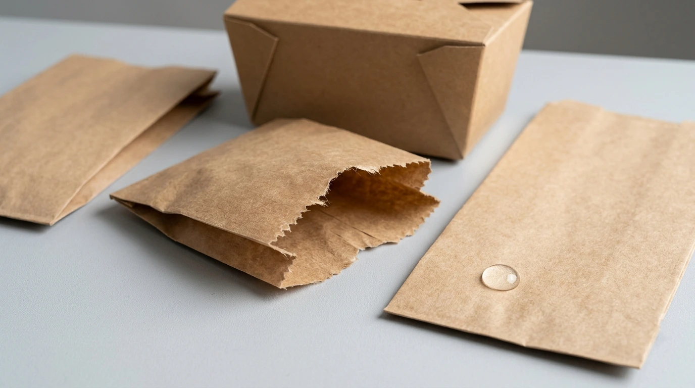 Plain paper bags and board containers on an inspection bench, one bag torn open at the edge