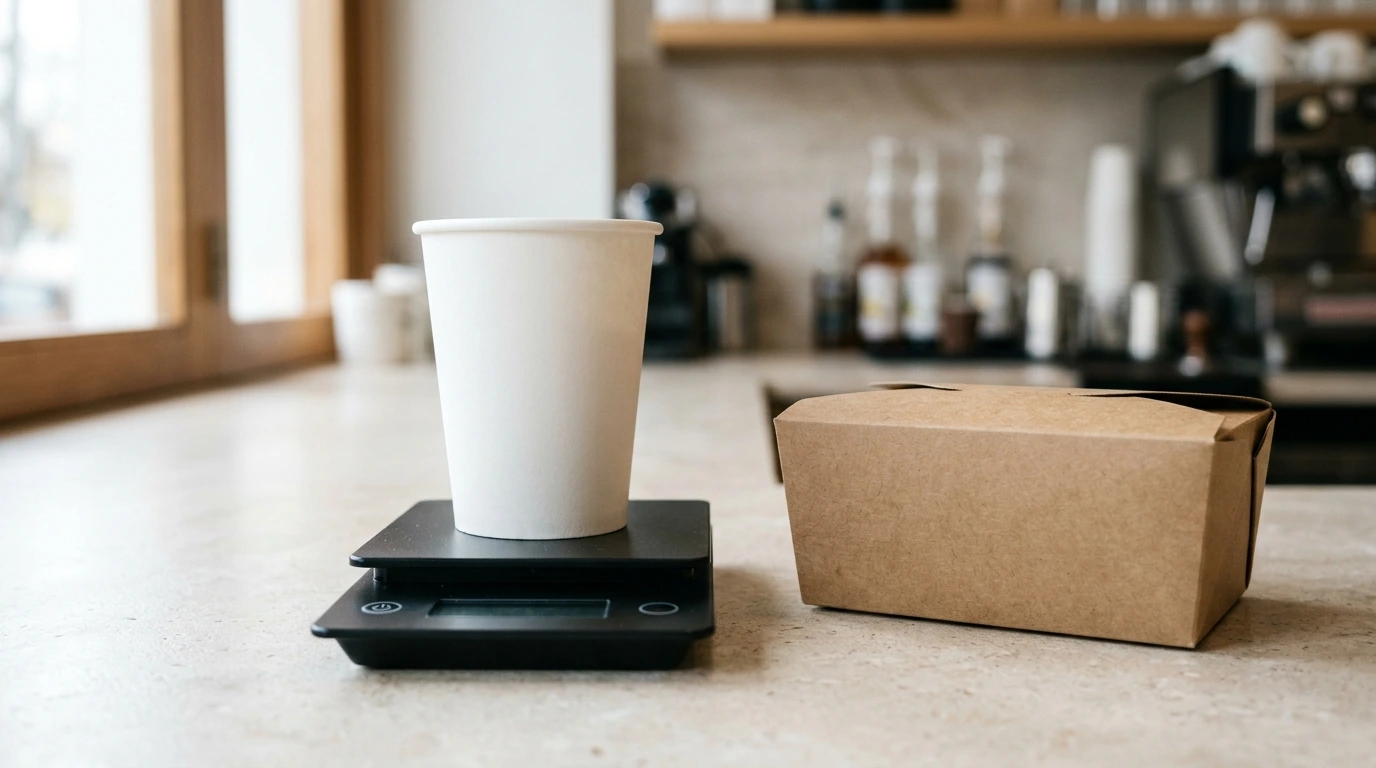 A single unprinted paper cup on a digital kitchen scale with its display switched off, next to an unprinted board food box on a pale counter