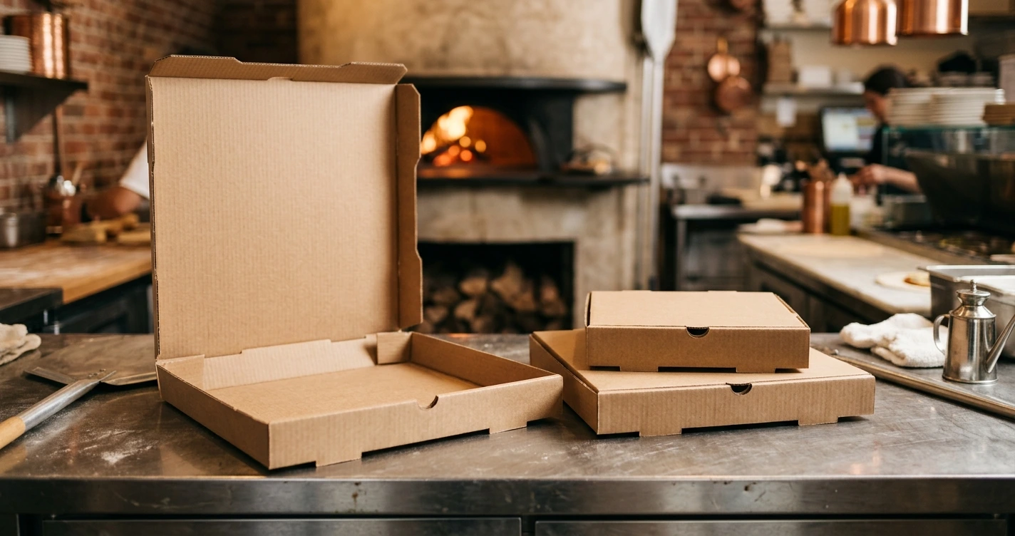 Plain corrugated pizza boxes in several sizes, one open and one closed, on a kitchen bench