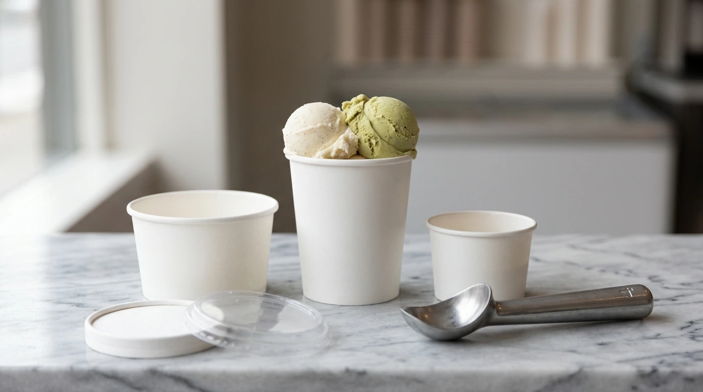Three white paperboard ice cream cups of different heights on a marble counter next to a numbered ice cream scoop, a paper lid and a clear plastic lid
