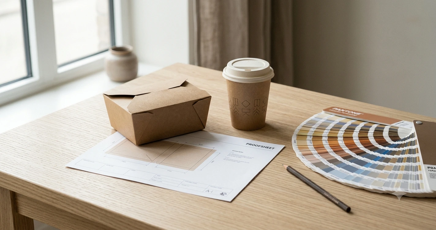 Printed kraft packaging samples beside a press proof sheet and a colour swatch fan on a table