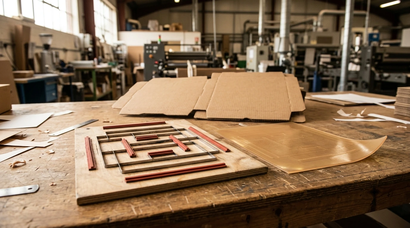 Cutting die with steel rules and a flexographic printing plate on a workbench, beside an unprinted blank for a pizza box