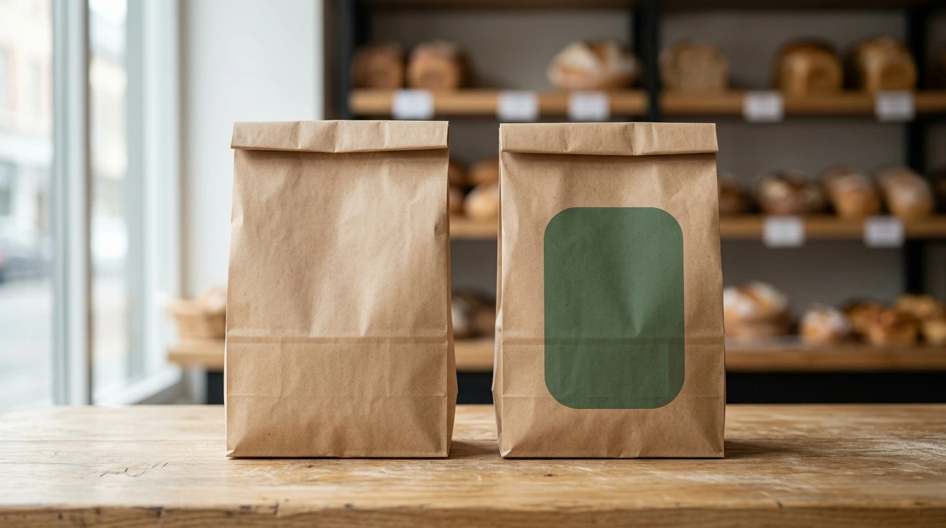 Two identical natural kraft bakery bags on a bakery counter, one unprinted and one with a single-colour printed panel