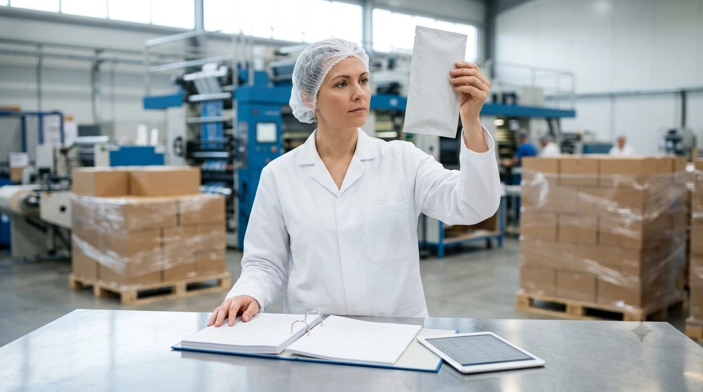 Auditor in hairnet checking a single-wrapped wet wipe sachet beside an open batch record binder in a paper packaging plant