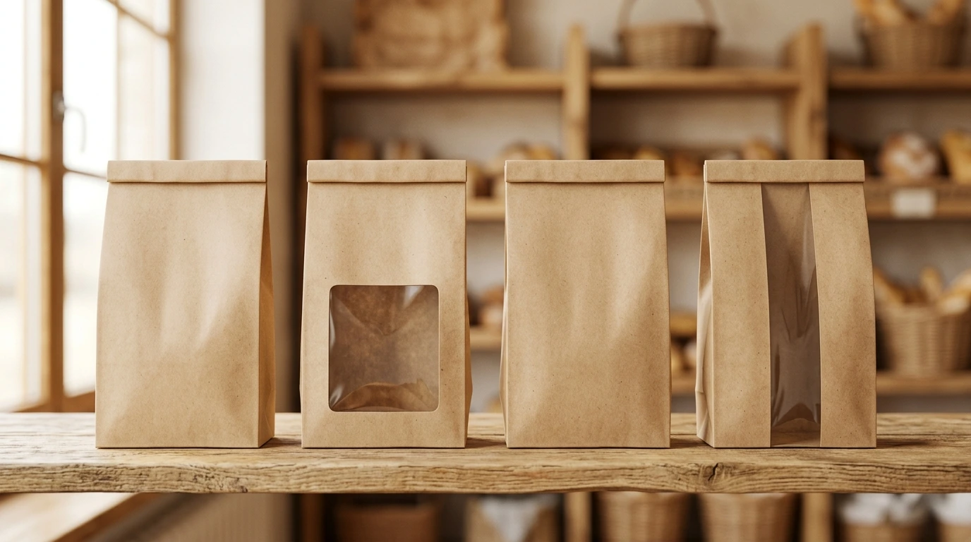 Plain kraft bags with and without windows lined up on a bakery shelf