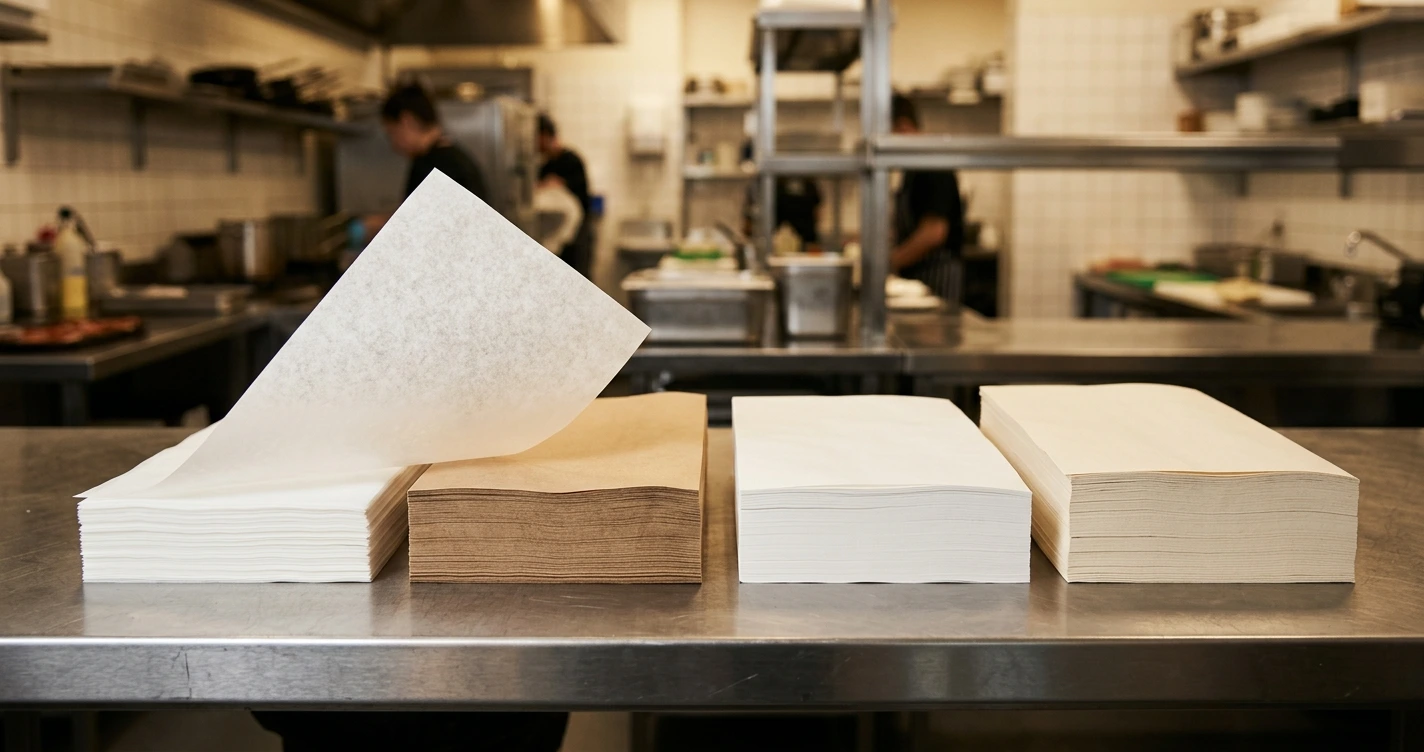 Stacks of unprinted food wrapping paper sheets in different grades on a packing bench