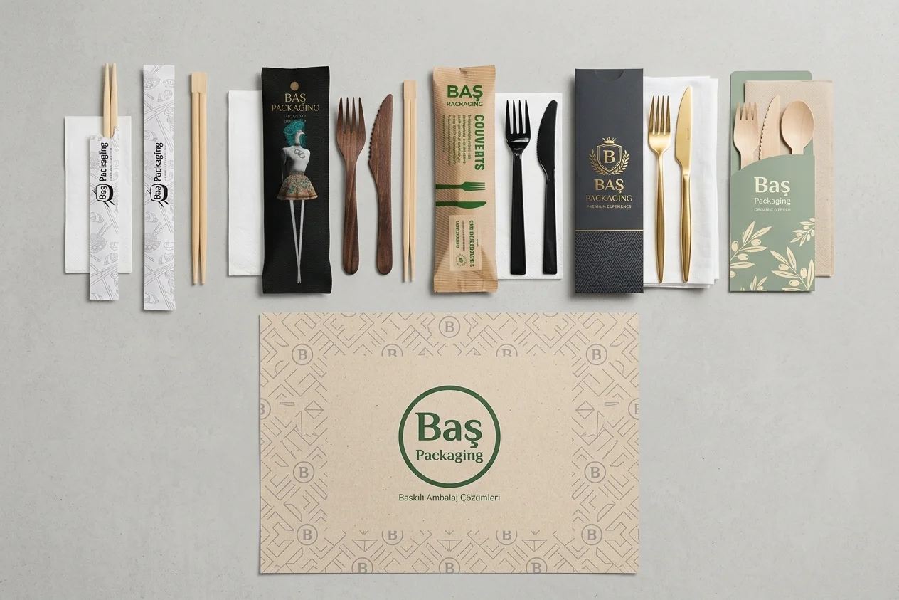 Set de couverts en bois de marque avec serviette dans un étui papier personnalisé