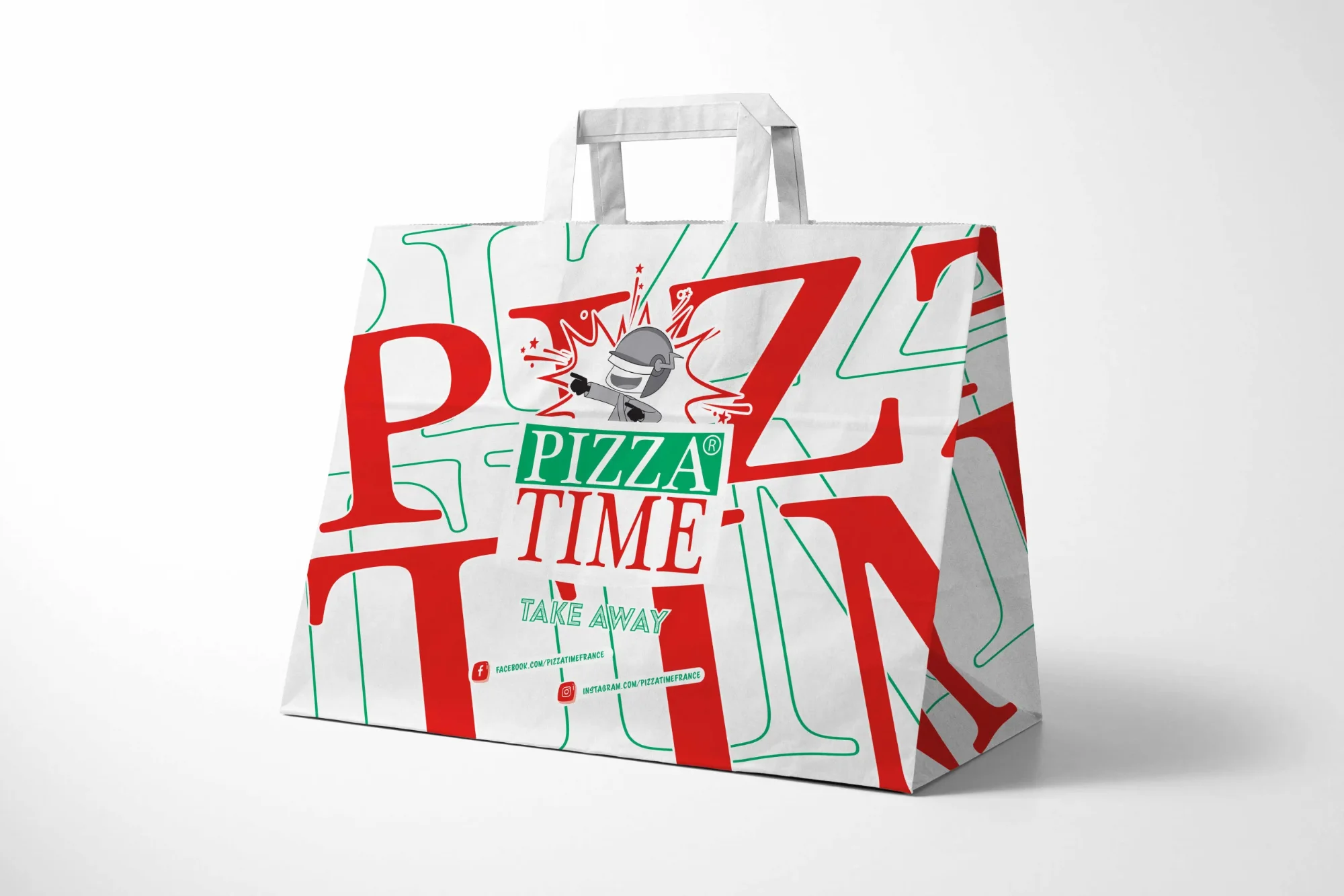 Sac en papier à poignées plates imprimé personnalisé pour la livraison de pizzas et les emballages à emporter