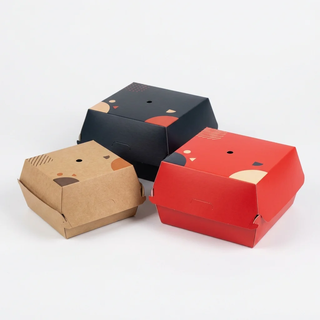 Trois boîtes à burger personnalisées en kraft, noir et rouge, fermées avec logo de marque