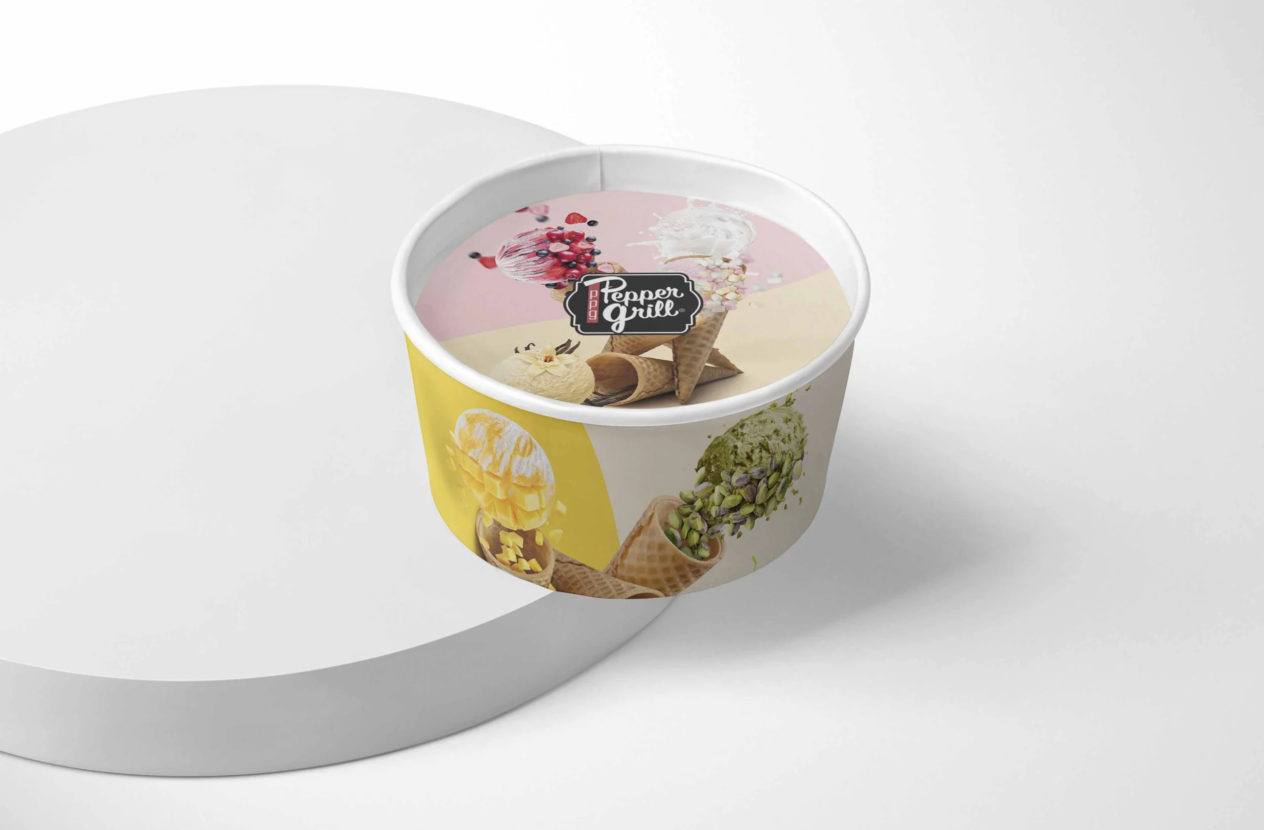 Custom printed ice cream cup with brand logo and a scoop of gelato