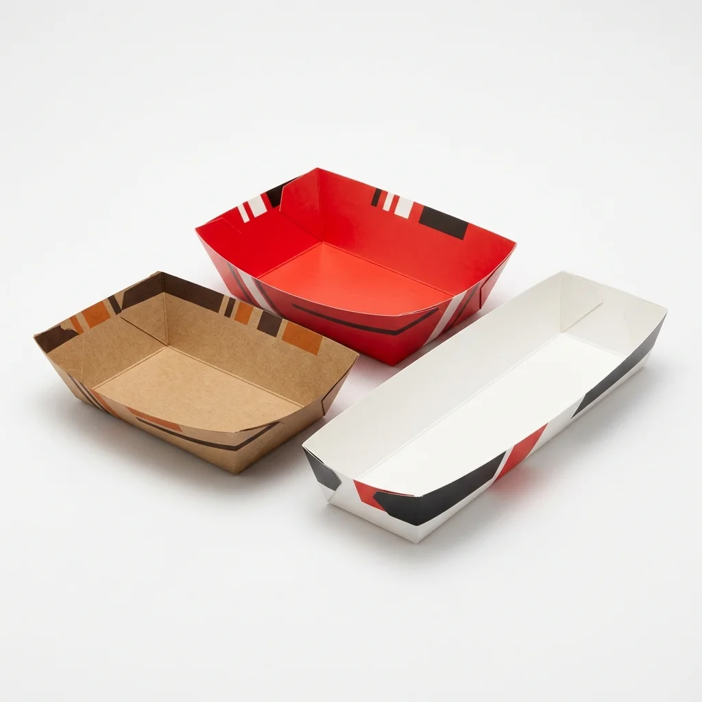 Three custom printed food serving trays in kraft, red and white, filled and shown from above