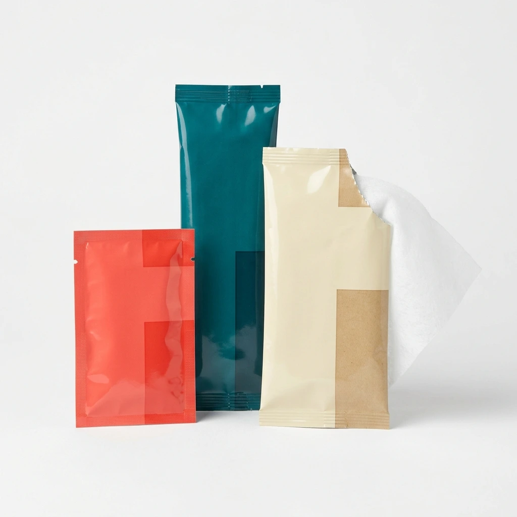 Trois sachets de lingettes humides personnalisés en rouge corail, bleu canard et crème, formats classic, roll et layer, l’un ouvert avec la serviette blanche sortie
