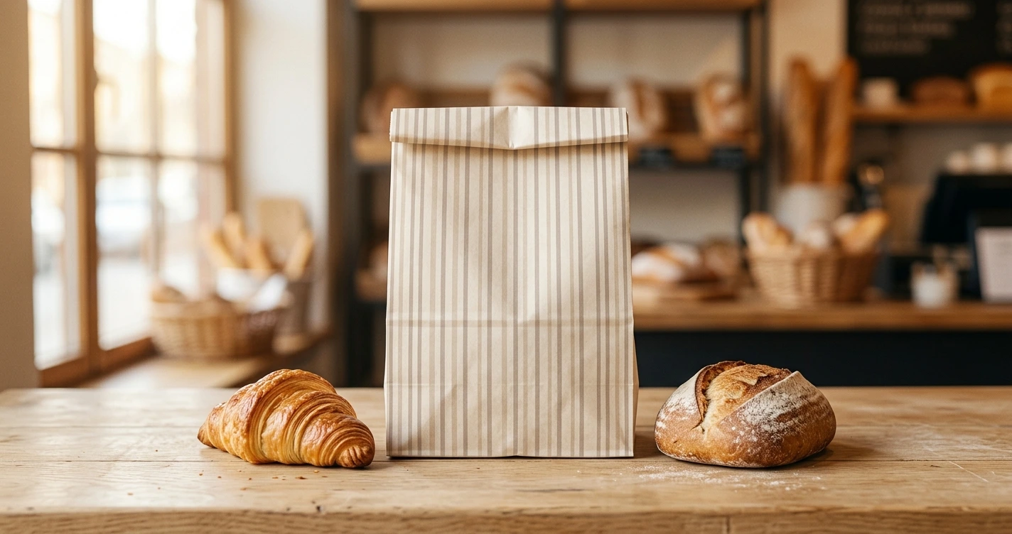 Natural cream kraft bakery bag with a fine striped print, a croissant and a rustic loaf beside it on a bakery counter