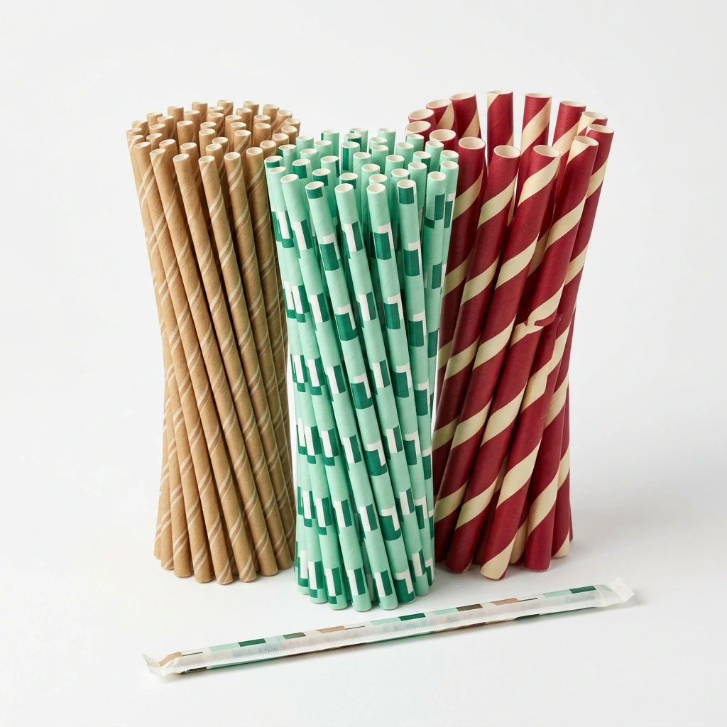 Trois pailles en papier personnalisées de couleurs et diamètres différents, à côté d’une paille emballée individuellement