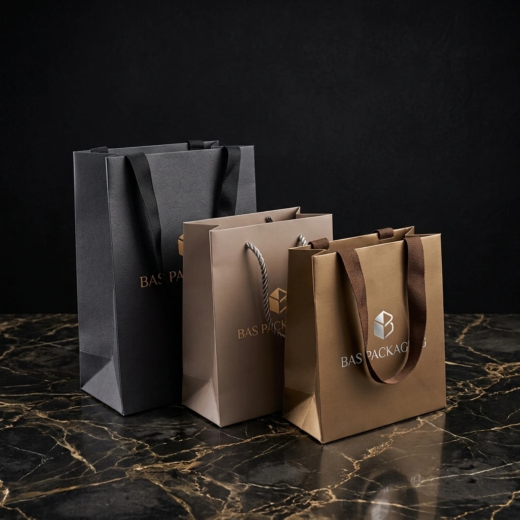 Sacs en papier de luxe personnalisés en noir et kraft brun, à poignées corde et ruban, avec logo Bas Packaging en dorure