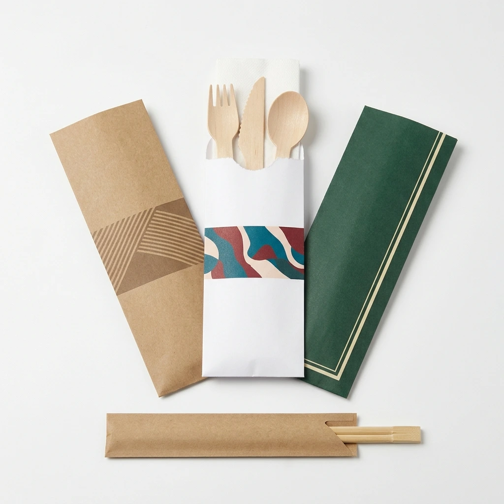 Trois sets de couverts personnalisés en pochette kraft, blanche et vert foncé, la blanche ouverte avec fourchette, couteau, cuillère en bois et serviette, plus baguettes en pochette kraft