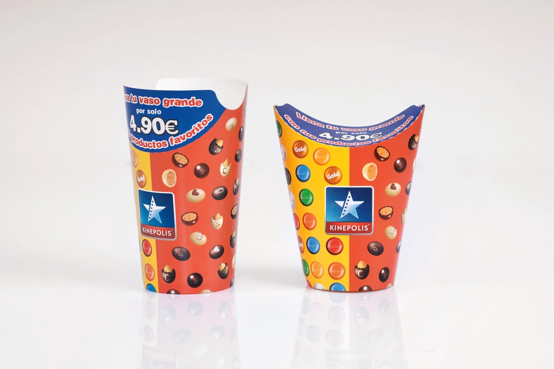 custom printed snack box, paper cup for popcorn and candies, food packaging for cinema and events, snack container with colorful printed design