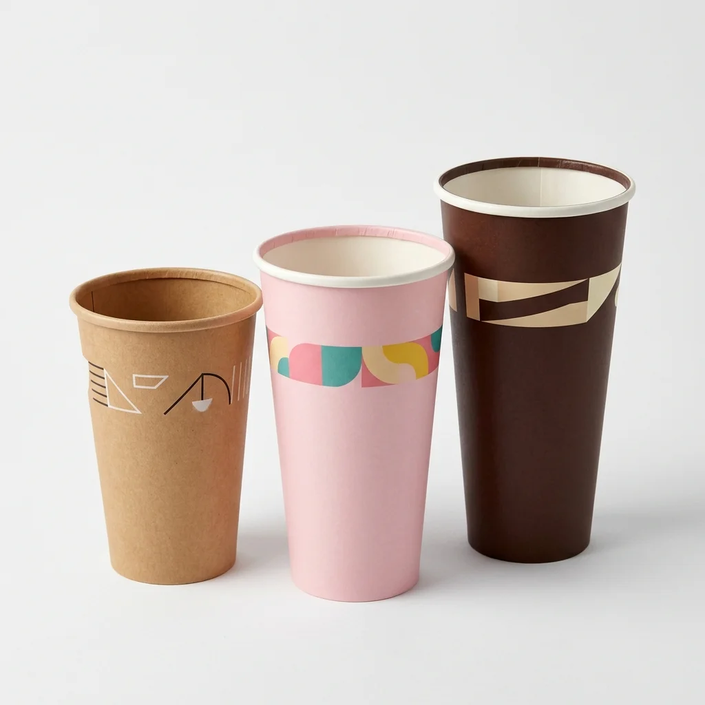 Three custom printed waffle boxes in kraft, pink and brown, tall open tubs shown side by side